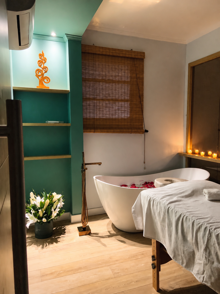 Ambientação relaxante com velas aromáticas e iluminação especial no SPA Ticiana Pires