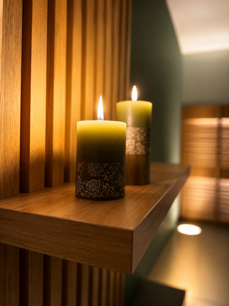 Ambientação relaxante com velas aromáticas e iluminação especial no SPA Ticiana Pires